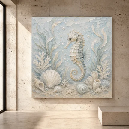 Pale blue and muted aqua calm Coastal Kids Wall Art print for elegant interiors. No text or watermarks in design.