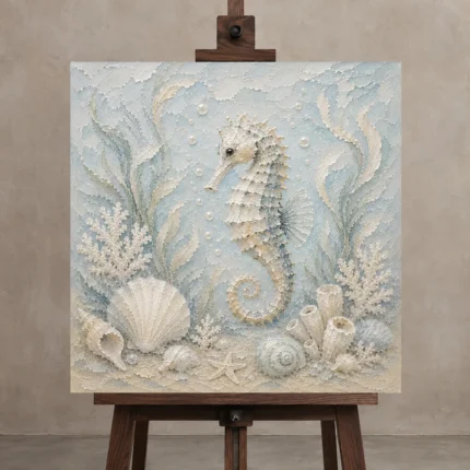 Pale Blue & Aqua Shell Garden Seahorse Coastal Kids Wall Art Canvas Print displayed on a studio easel
