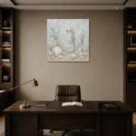 Pale Blue & Aqua Shell Garden Seahorse Coastal Kids Wall Art Canvas Print displayed in a contemporary gallery-inspired room