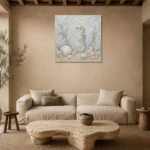 Pale Blue & Aqua Shell Garden Seahorse Coastal Kids Wall Art Canvas Print presented in a sophisticated home setting