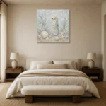 Pale Blue & Aqua Shell Garden Seahorse Coastal Kids Wall Art Canvas Print showcased in an elegant minimalist interior