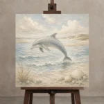 Pale Blue Sandbar Dolphin Coastal Kids Wall Art Canvas Print displayed on a studio easel
