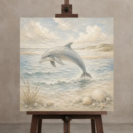 Pale Blue Sandbar Dolphin Coastal Kids Wall Art Canvas Print displayed on a studio easel