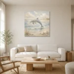 Pale Blue Sandbar Dolphin Coastal Kids Wall Art Canvas Print styled in a refined neutral interior