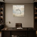 Pale Blue Sandbar Dolphin Coastal Kids Wall Art Canvas Print displayed in a contemporary gallery-inspired room