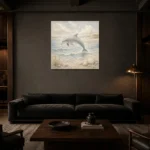 Pale Blue Sandbar Dolphin Coastal Kids Wall Art Canvas Print shown in a warm modern interior
