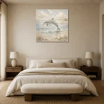 Pale Blue Sandbar Dolphin Coastal Kids Wall Art Canvas Print showcased in an elegant minimalist interior