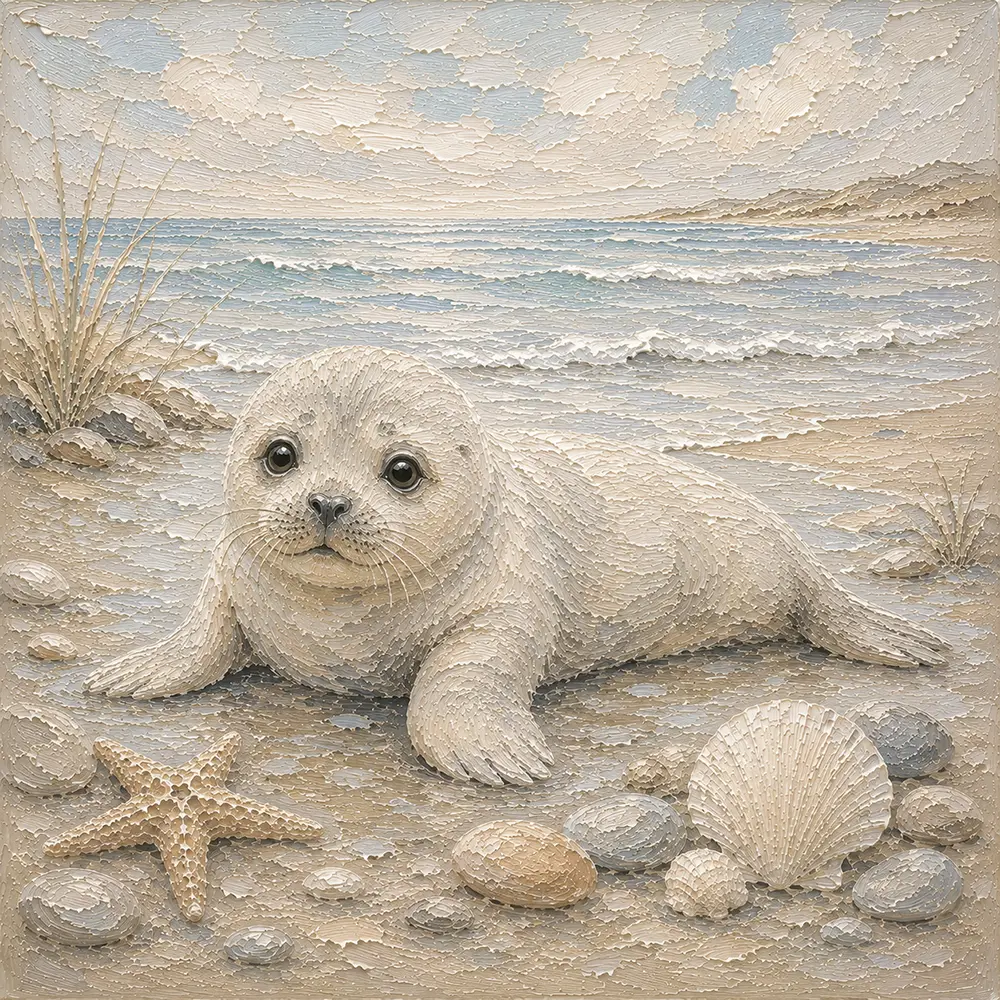 Pale Blue & Driftwood Baby Seal Coastal Kids Wall Art Canvas Print