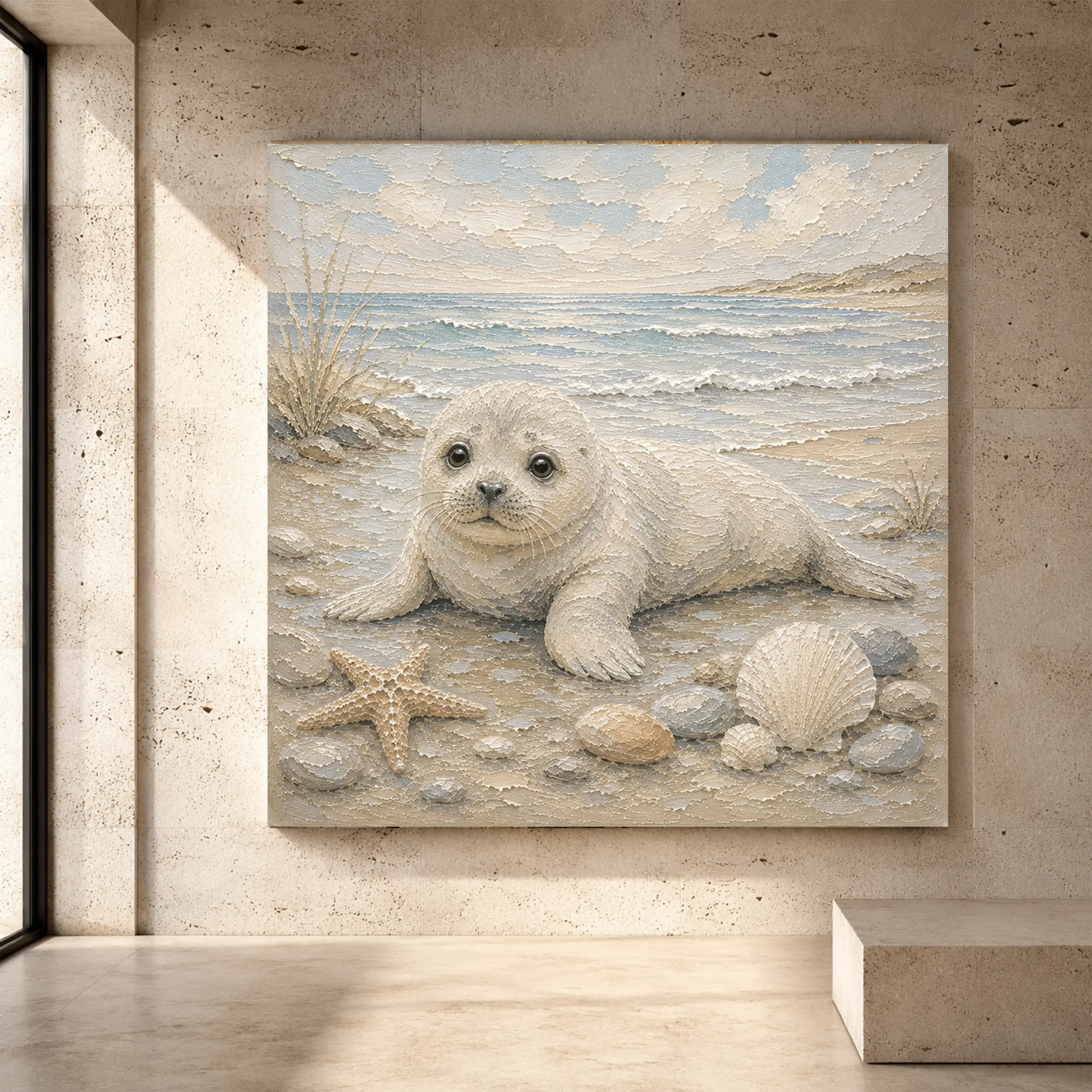 Premium Wall Art Kare Html Edition – KIDSROOM080 Image 1 Pale blue and driftwood serene Coastal Kids Wall Art print for elegant interiors. No text or watermarks in design.