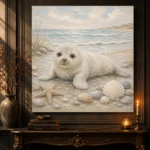 Pale Blue & Driftwood Baby Seal Coastal Kids Wall Art Canvas Print - Image 2