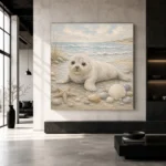 Pale Blue & Driftwood Baby Seal Coastal Kids Wall Art Canvas Print - Image 3