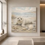 Pale Blue & Driftwood Baby Seal Coastal Kids Wall Art Canvas Print - Image 4