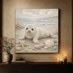 Pale Blue & Driftwood Baby Seal Coastal Kids Wall Art Canvas Print - Image 6