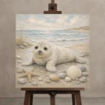 Pale Blue & Driftwood Baby Seal Coastal Kids Wall Art Canvas Print displayed on a studio easel