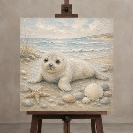 Pale Blue & Driftwood Baby Seal Coastal Kids Wall Art Canvas Print displayed on a studio easel