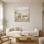 Pale Blue & Driftwood Baby Seal Coastal Kids Wall Art Canvas Print styled in a refined neutral interior
