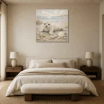 Pale Blue & Driftwood Baby Seal Coastal Kids Wall Art Canvas Print showcased in an elegant minimalist interior