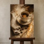 Espresso Brown & Caramel Coffee Wall Art Canvas Print displayed on a studio easel