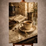 Espresso and antique brass Coffee Wall Art print for elegant interiors. No text or watermarks in design.