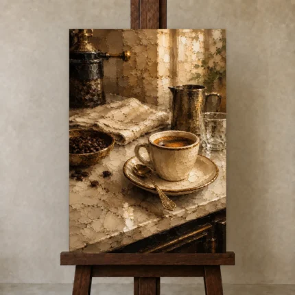 Espresso & Antique Brass Coffee Wall Art Canvas Print shown in Studio Easel