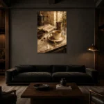Espresso & Antique Brass Coffee Wall Art Canvas Print shown in a warm modern interior
