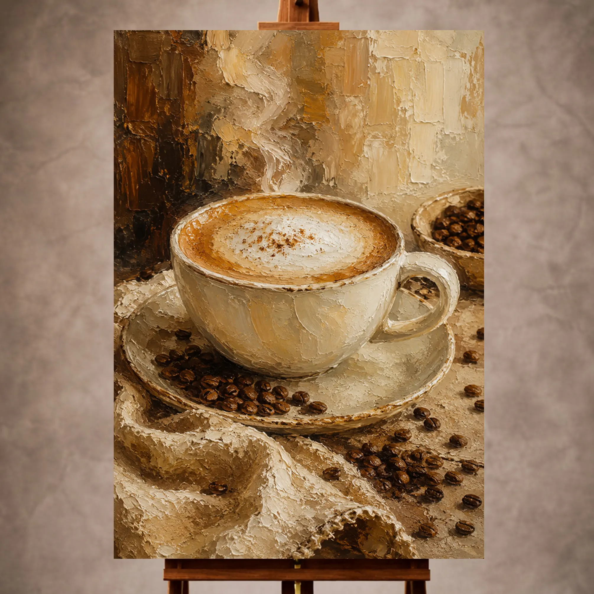 Premium Wall Art Dikey Html Edition – KITCHENWALL008 Image 1 Caramel and toasted almond Coffee Wall Art print for elegant interiors. No text or watermarks in design.
