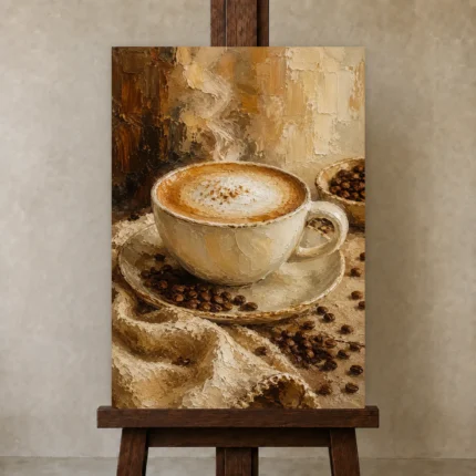 Caramel & Toasted Almond Coffee Wall Art Canvas Print shown in Studio Easel