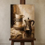 Espresso Black & Muted Bronze Coffee Wall Art Canvas Print displayed on a studio easel