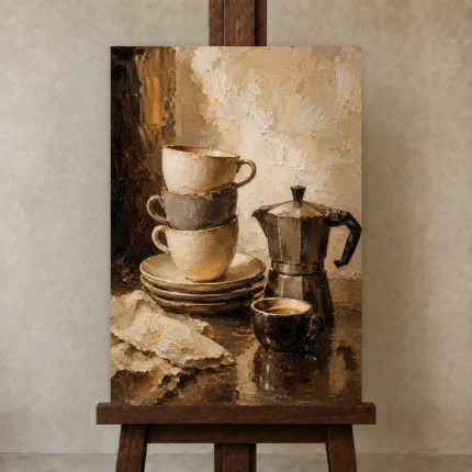 Espresso Black & Muted Bronze Coffee Wall Art Canvas Print shown in Studio Easel