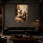 Espresso Black & Muted Bronze Coffee Wall Art Canvas Print shown in a warm modern interior