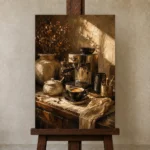 Deep Espresso & Honey Caramel Coffee Wall Art Canvas Print displayed on a studio easel