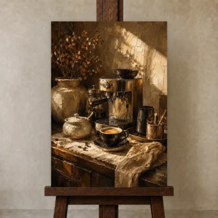Deep Espresso & Honey Caramel Coffee Wall Art Canvas Print shown in Studio Easel