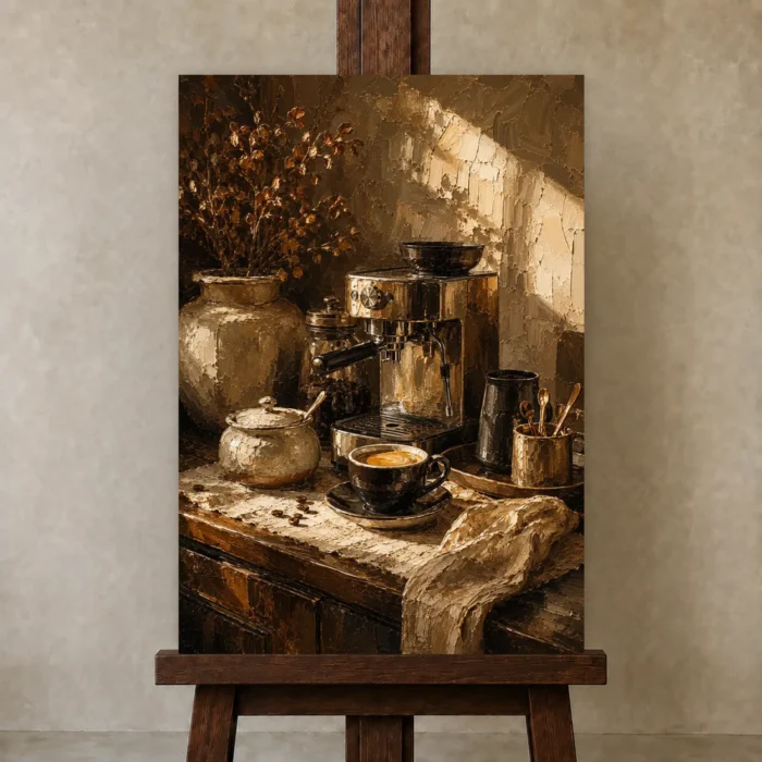 Deep Espresso & Honey Caramel Coffee Wall Art Canvas Print displayed on a studio easel