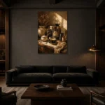Deep Espresso & Honey Caramel Coffee Wall Art Canvas Print shown in a warm modern interior