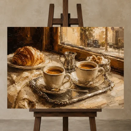 Espresso Brown & Honey Beige Coffee Wall Art Canvas Print shown in Studio Easel
