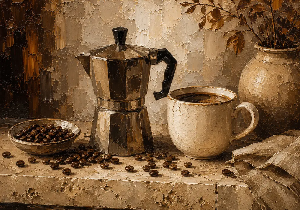 Deep Espresso & Muted Taupe Moka Pot Coffee Wall Art Canvas Print