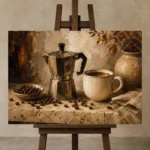 Deep Espresso & Muted Taupe Moka Pot Coffee Wall Art Canvas Print displayed on a studio easel