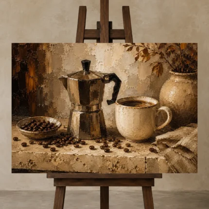Deep Espresso & Muted Taupe Moka Pot Coffee Wall Art Canvas Print shown in Studio Easel