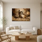 Deep Espresso & Muted Taupe Moka Pot Coffee Wall Art Canvas Print styled in a refined neutral interior