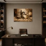 Deep Espresso & Muted Taupe Moka Pot Coffee Wall Art Canvas Print displayed in a contemporary gallery-inspired room