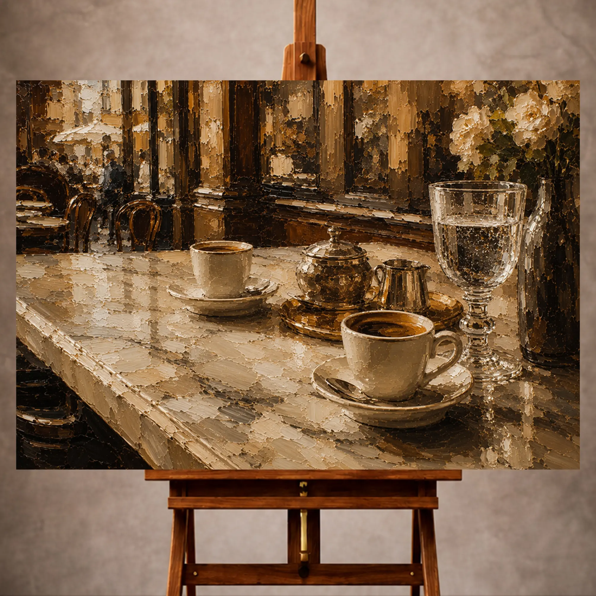 Premium Wall Art Yatay Html Edition – KITCHENWALL013 Image 1 Espresso and antique brass Coffee Wall Art print for elegant interiors. No text or watermarks in design.