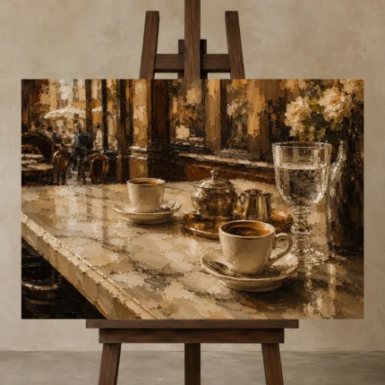Espresso & Antique Brass European Café Coffee Wall Art Canvas Print shown in Studio Easel