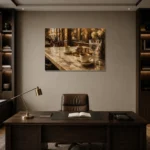 Espresso & Antique Brass European Café Coffee Wall Art Canvas Print displayed in a contemporary gallery-inspired room