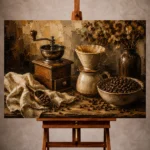 Dark espresso and burnt caramel Coffee Wall Art print for elegant interiors. No text or watermarks in design.