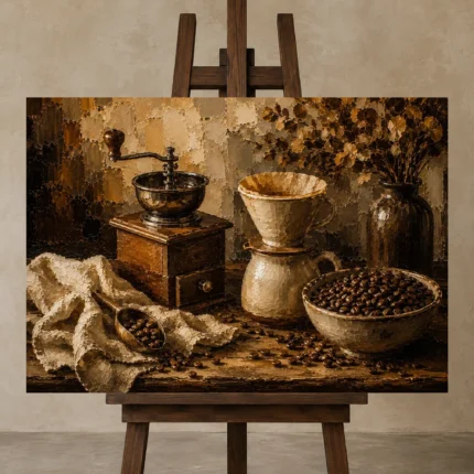 Dark Espresso & Burnt Caramel Pour-Over Coffee Wall Art Canvas Print shown in Studio Easel