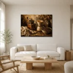 Dark Espresso & Burnt Caramel Pour-Over Coffee Wall Art Canvas Print styled in a refined neutral interior