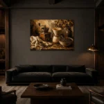 Dark Espresso & Burnt Caramel Pour-Over Coffee Wall Art Canvas Print shown in a warm modern interior