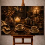 Espresso brown and amber Coffee Wall Art print for elegant interiors. No text or watermarks in design.