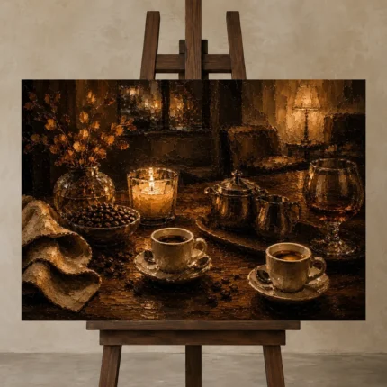 Espresso Brown & Amber After-Dinner Coffee Wall Art Canvas Print shown in Studio Easel