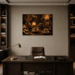 Espresso Brown & Amber After-Dinner Coffee Wall Art Canvas Print displayed in a contemporary gallery-inspired room